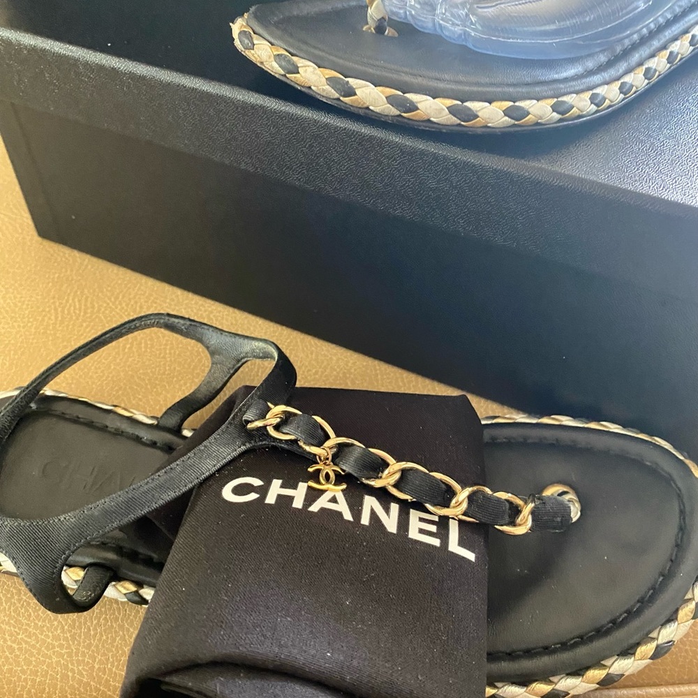 Chanel EU 39 CC Logo Charm Rope Thong Sandals
